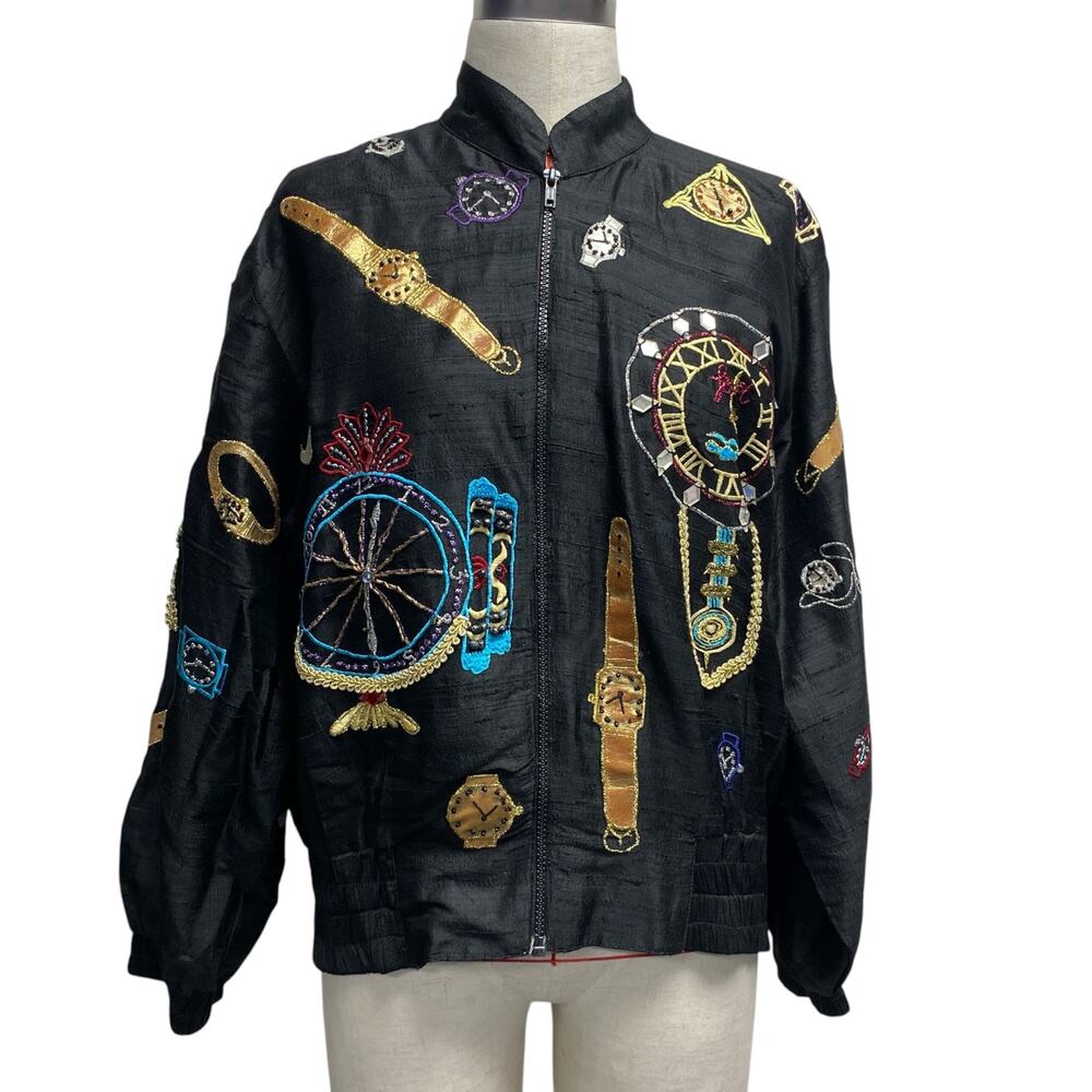 JA Resort Womens Size XS Oversized Silk Beaded Watch 90s Print Bomber Jacket
